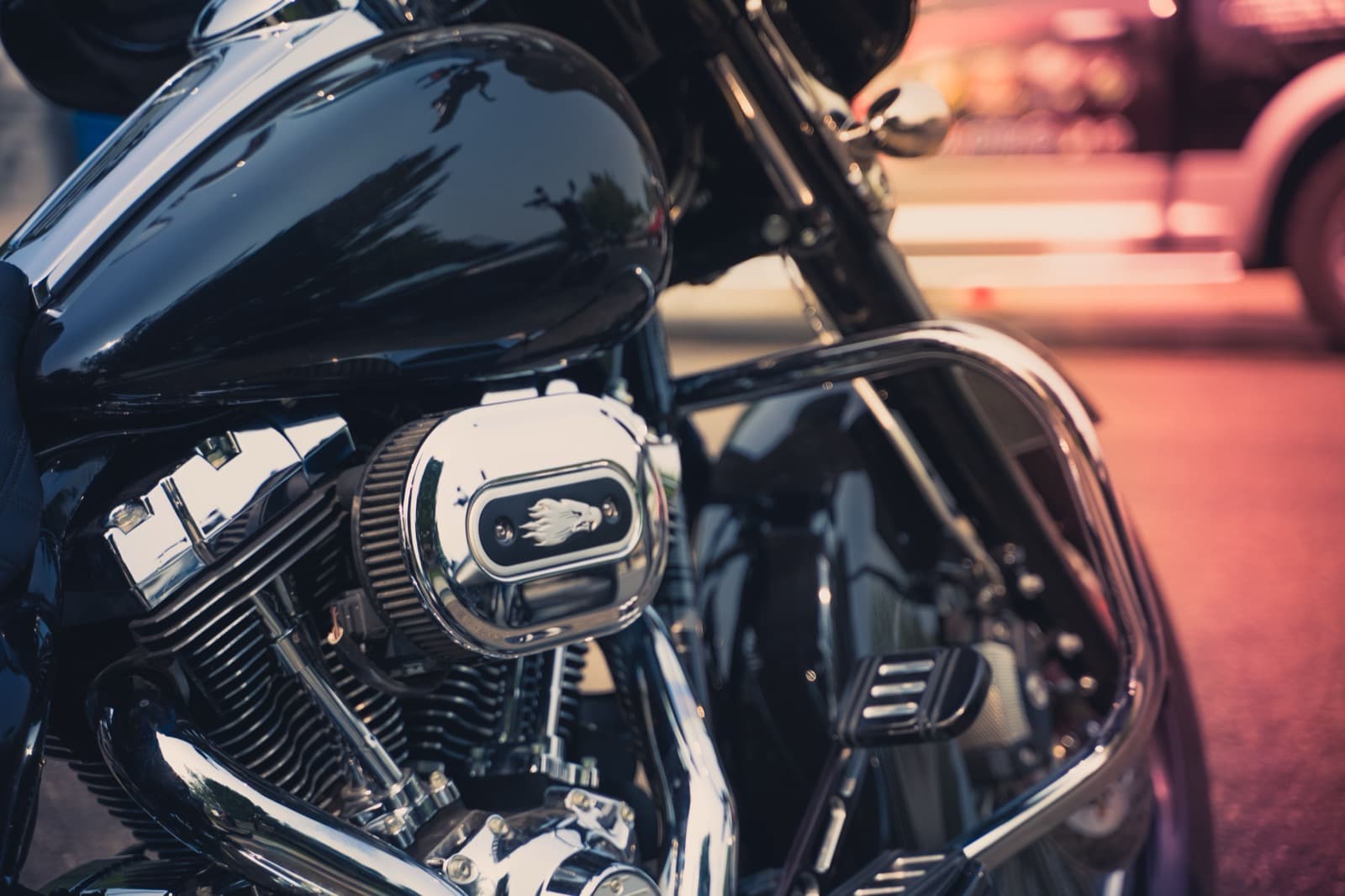 Close-up of a motorcycle engine and chrome detailing