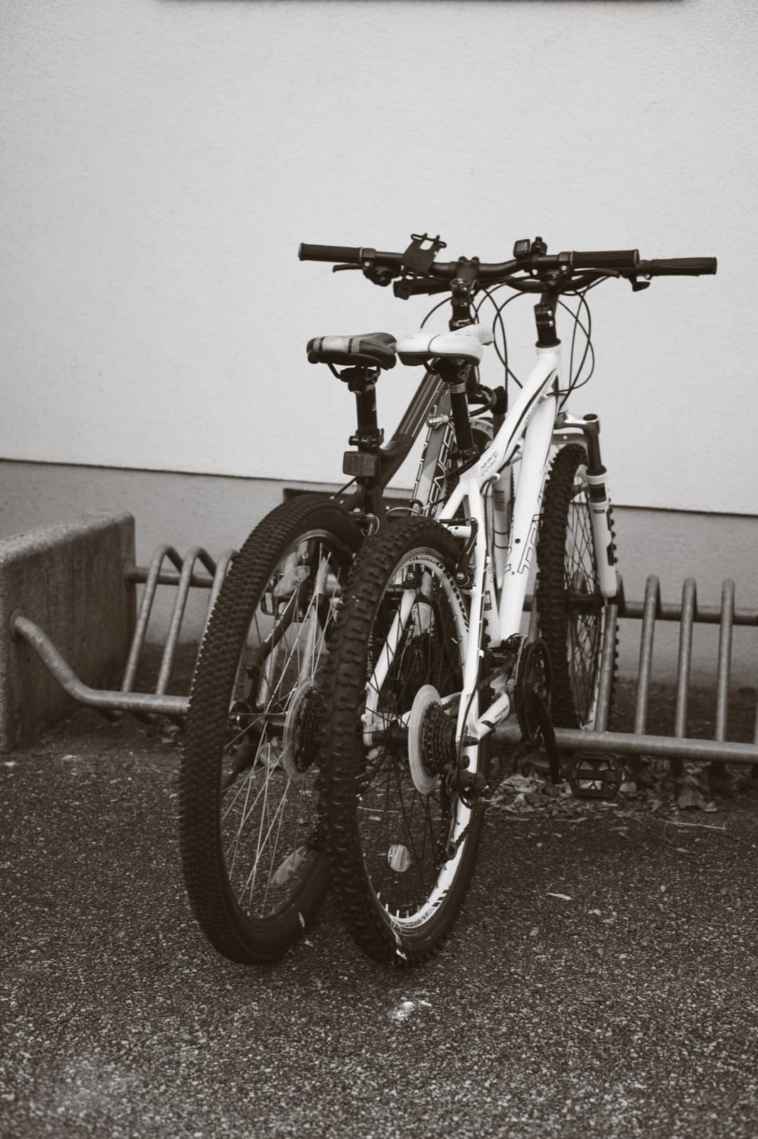 Two mountain bikes parked side by side at a bike rack