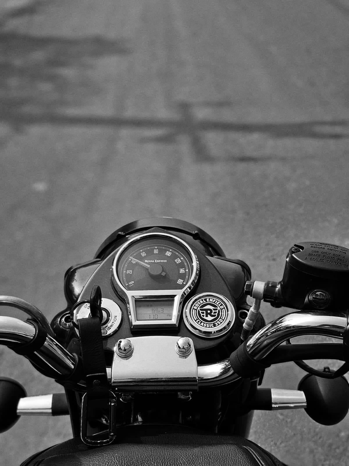 Royal Enfield motorcycle speedometer and handlebar controls