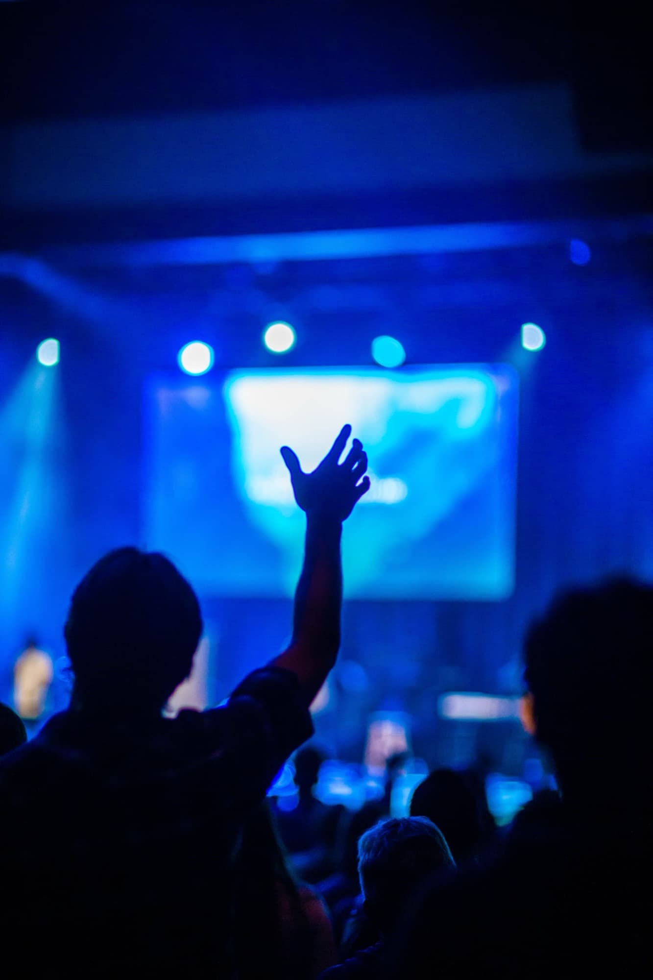 Concert crowd with a raised hand silhouetted against stage lighting
